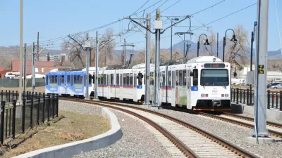 RTD train pulling into a station in Denver, Colorado