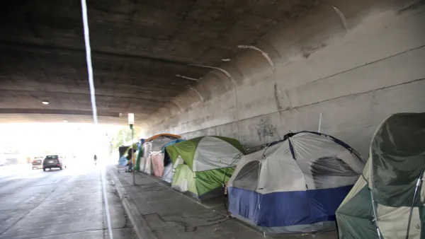 Tents lining an underpass in Los Angeles, California