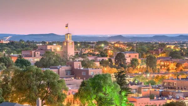 Downtown Santa Fe, New Mexico at dusk.