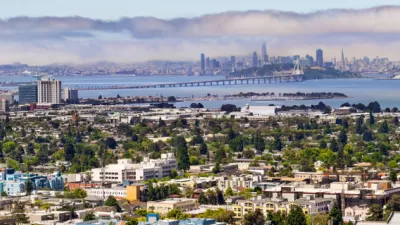 Downtown Berkeley, California with Bay Bridge and San Francisco skyline in background