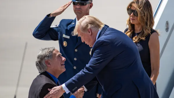 President Donald Trump and Melania greet Governor Greg Abbot at the El Paso International Airport in El Paso, Texas in 2019.