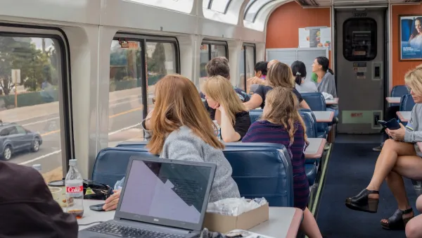 The interior of the viewing cart on the Amtrak train, where passengers gaze at the passing scenery.