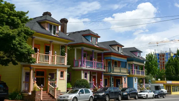 Colorful two-story historic homes in Portland, Oregon.