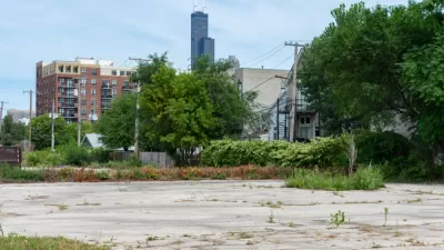 Vacant lot in Chicago, Illinois with skyline in background