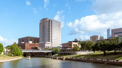 View of Houston buildings over White Oak Bayou