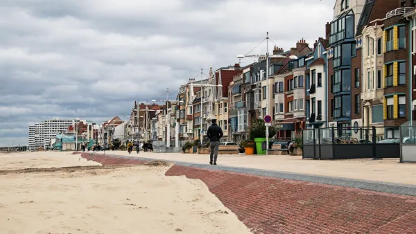 Three-story homes along beach in Dunkirk, France.