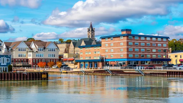 View of Port Washington, Wisconsin buildings on lakeshore.