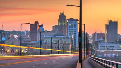 Sunset view of downtown Youngstown, Ohio over a bridge
