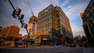 View looking up at multi-story building on commercial street in Bethesda, Maryland