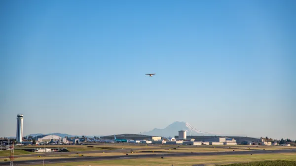 Runway and plane taking off at Paine Field, Everett, Washington