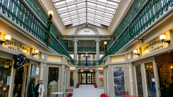 Interior of two-story The Arcade Greek-style mall with glass arcade roof in Providence, Rhode Island.