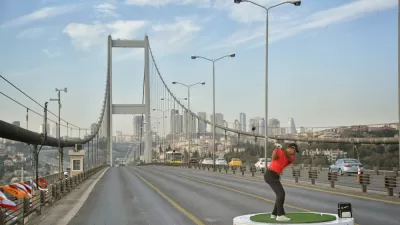 Tiger Woods on a bridge