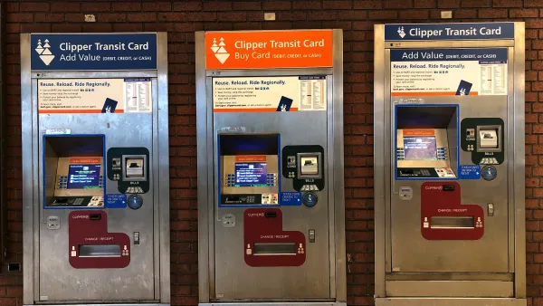 Three transit ticketing machines in a Bay Area station.