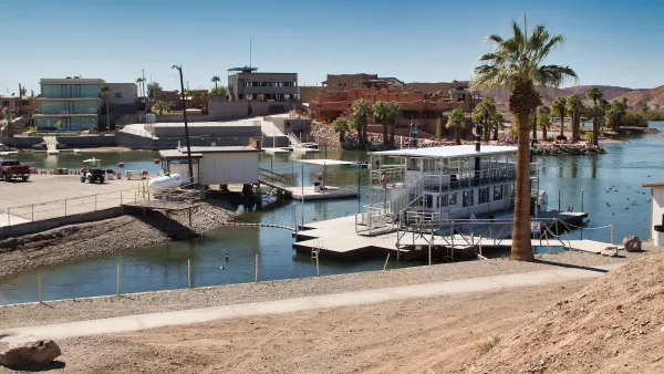 A lake harbor with white boats in Martinez Lake, Arizona.