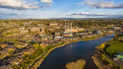Aerial view of Bend, Oregon with river and old mill district