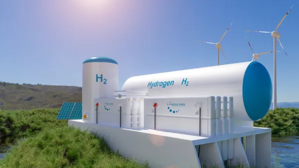 3D rendering of a hydrogen storage facility with wind turbines in background