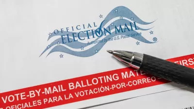 Close-up of vote-by-mail ballot with pen