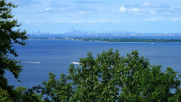 View of New York City skyline in distance from across Raritan Bay in Highlands, New Jersey.