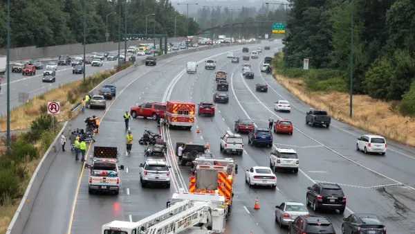 Traffic crash on wide roadway surrounded by emergency responder vehicles and traffic passing by.