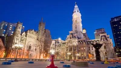 View of Philadelphia City Hall building at sunset