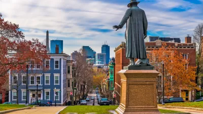 View of Boston from Bunker Hill with statue in foreground