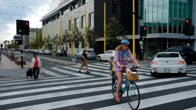 Crosswalk with cyclist and pedestrians in Santa Monica, California