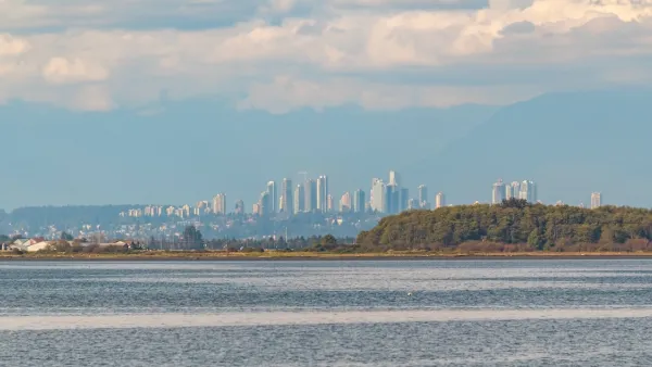 Skyline of Richmond, British Columbia with water in the foreground.