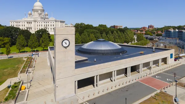 A aerial view of a train station in Providence, Rhode Island.