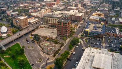 Aerial view of buildings and parking lots in Missoula, Montana