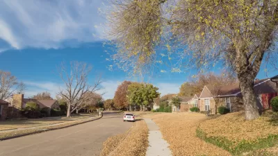 View of wide residential street in Dallas, Texas neighborhood with one white car parked at the curb and large tree with yellow fallen leaves around it