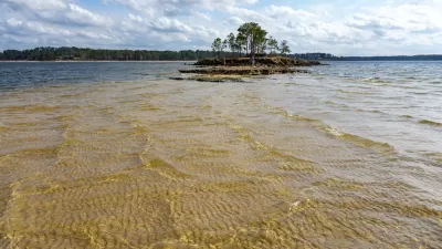 View of reservoir with small island with trees in Texas