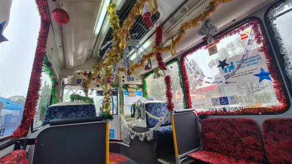 Festively decorated holiday train in Sydney, Australia.