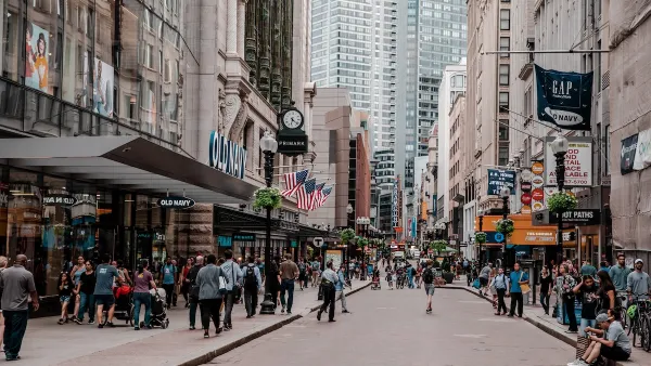 Busy pedestrian street in downtown Boston, Massachusetts.