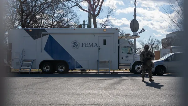 A member of the National Guard stands in front of a FEMA truck on January 19, 2021 in Washington D.C.