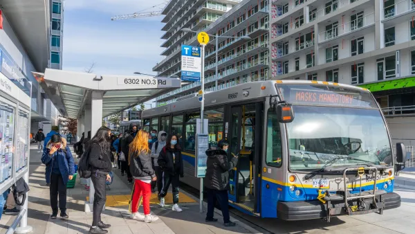 Bus stop in Richmond, British Columbia with passengers boarding.