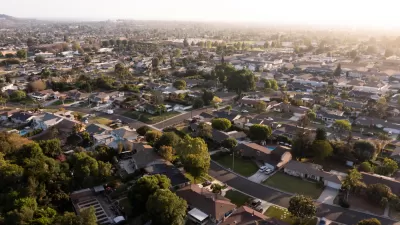 Aerial view of residential neighborhood in La Habra, California at sunset