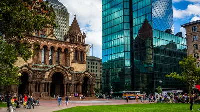 Old church and modern glass building in downtown Boston, Massachusetts