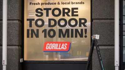 Storefront window for Gorillas fast-delivery store in New York City "Store to door in 10 min!"