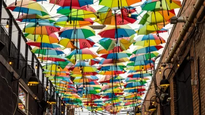 Colorful umbrellas over an alleyway in RiNo Arts District, Denver, Colorado