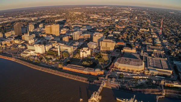 Aerial of downtown Baton Rouge, Louisiana ext to Mississippi River.
