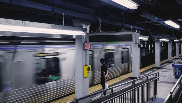 Subway station with silver trains in Phialdelphia, Pennsylvania.