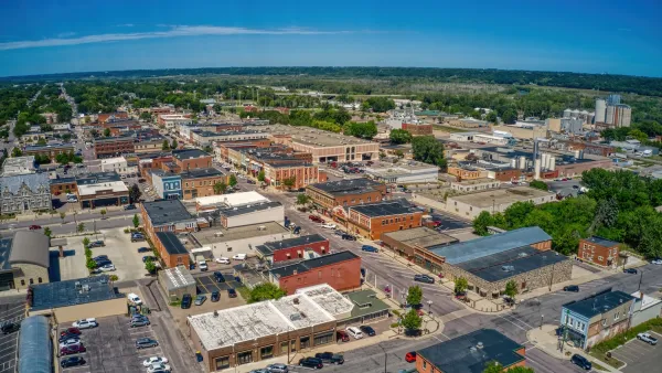 Aerial view of central New Ulm, Minnesota, small German-inspired town with brick buildings.