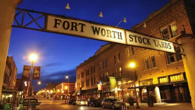 Fort Worth Stockyards sign at night