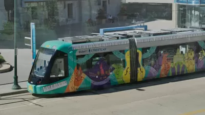 Kansas City streetcar with colorful wrap at Union Station