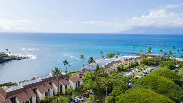 Aerial of beachside condos in Maui, Hawaii.