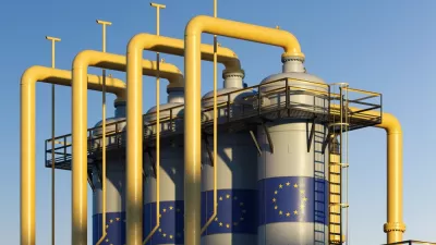 Four natural gas storage tanks with European Union flag logos