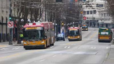 Buses in downtown Seattle on the dedicated 3rd Avenue bus lanes