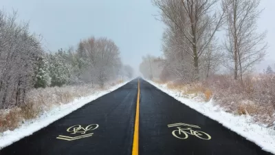 Sharrow bike markings on black asphalt two-lane road with snowy trees