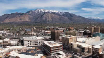 Aerial view of Ogden, Utah with Wasatch Mountains in the background