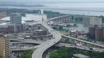 Aerial view of elevated Buffalo Skyway freeway in Buffalo, New York